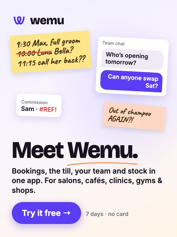 Wemu — the easier way to run your business. Bookings, POS, team and stock in one app. Try it free.